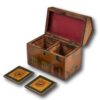Front of the Antique Folk Art Cottage Tea Caddy with the lid up and caddy lids removed