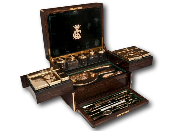 Side view of Royal interest silver vanity box