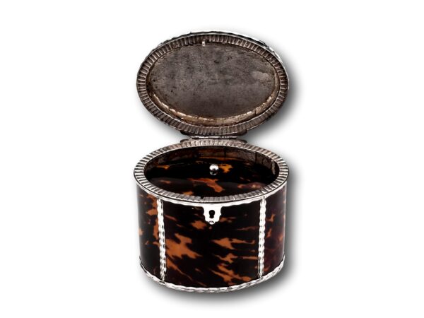 Lid up on the Georgian Tortoiseshell Tea Caddy