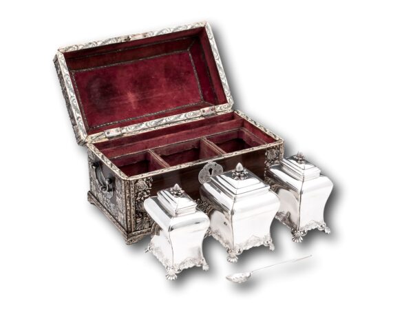 Overview of the Anglo Indian Vizagapatam Tea Chest with the lid open and the tea caddies removed.