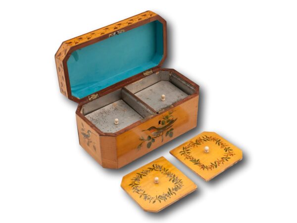 Overview of the Georgian Spa Penwork Tea Caddy with the lid up and tea caddy lids removed showing the second silver foil lids