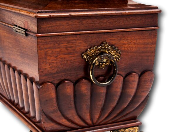 Close up of the loop handles on the Cuban Mahogany Tea Chest