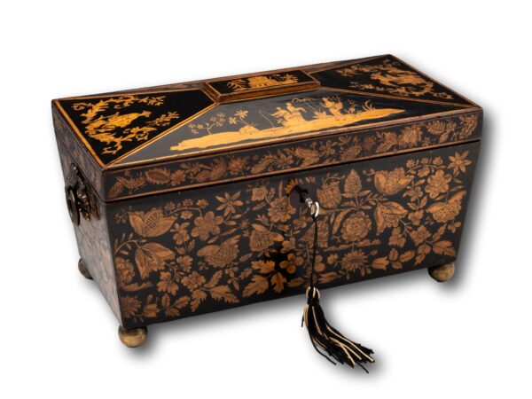 Regency Chinoiserie Penwork Tea Chest with the key inserted