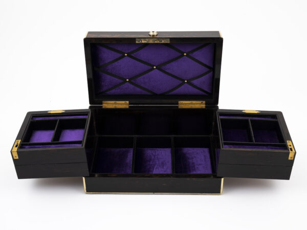 Cantilever jewellery box open showing velvet lined interior