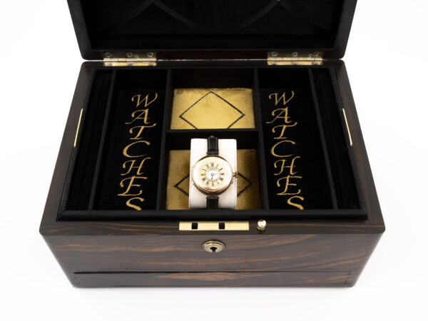 Coromandel Jewellery Box facing forward open close up with watches