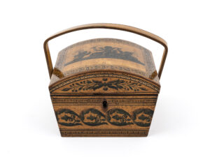 Penwork sewing basket with shaped handle
