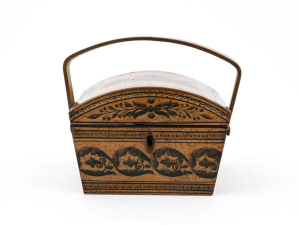 Penwork sewing basket with shaped handle front view