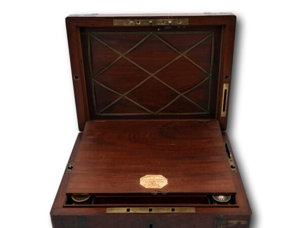 Overview of the Captains Military Writing Box with the lid up and secret top compartment dropped down