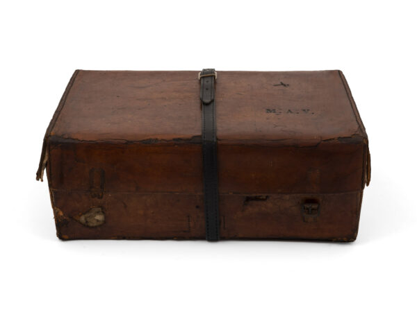 Cased coromandel writing box in leather case front view