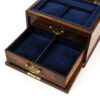 Glazed walnut jewellery box open with drawers out close up