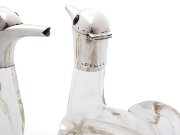 duck liqueur decanters silver mark close up