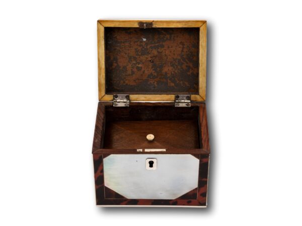 Overview of the Red Tortoiseshell Tea Caddy with the lid up