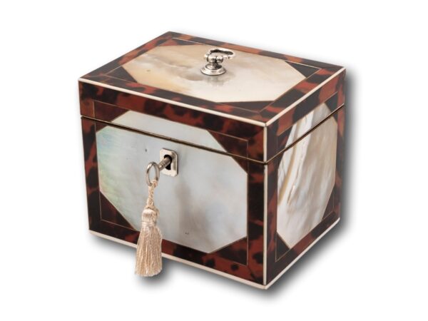 Overview of the Red Tortoiseshell Tea Caddy with the key inserted