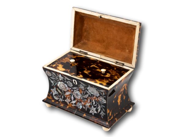 Front overview of the Regency Mother of pearl and Tortoiseshell Tea Caddy with the lid up