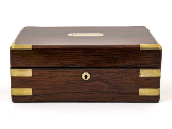 jewellery box with brass corner brackets front angle