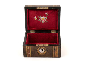 walnut jewellery box with bee embroidery