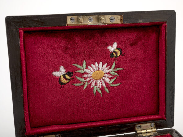 small walnut jewellery box open close up