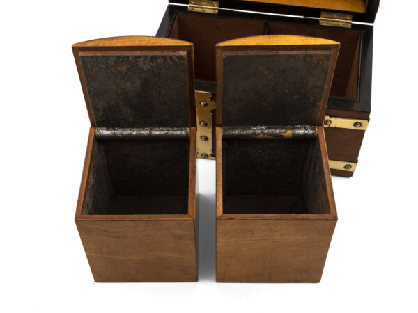 Antique Tea Chest with brass straps open with caddies removed and open