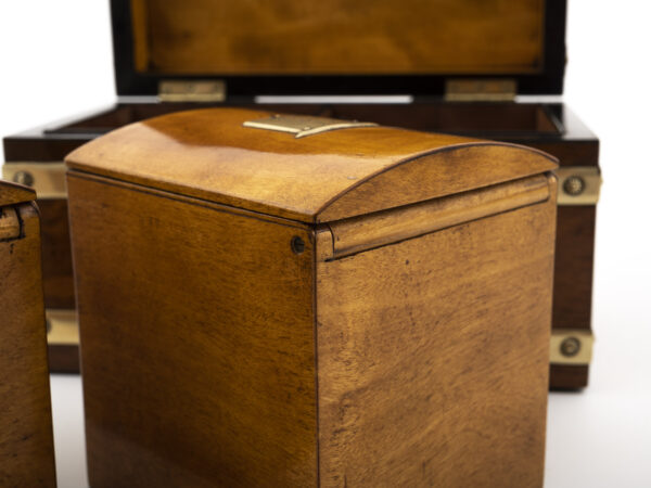 Antique Tea Chest with brass straps caddies hinge close up