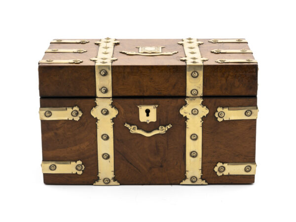 Antique Tea Chest with brass straps front view