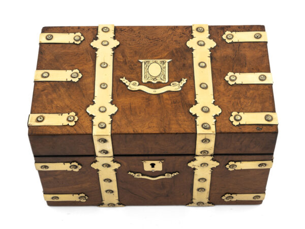 Antique Tea Chest with brass straps top down view