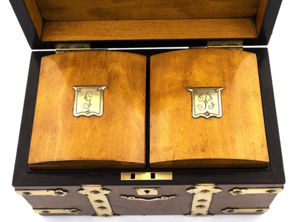 Antique Tea Chest with brass straps open close up