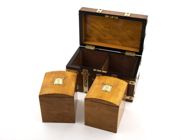 Antique Tea Chest with brass straps open with caddies removed