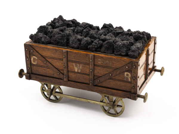 Antique coal wagon humidor left angle