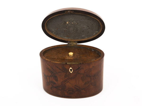 antique oval tea caddy lid open on a white background