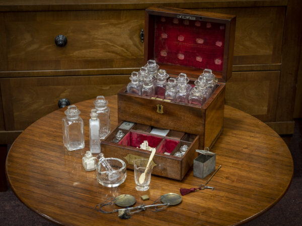 Mahogany Apothecary Box on display