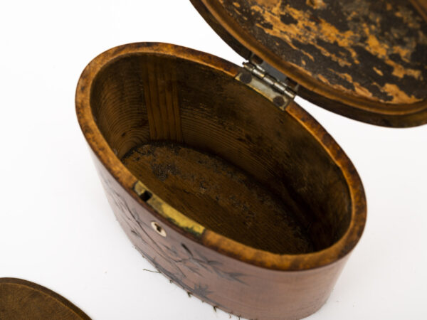 Satin Harewood Tea Caddy on a white background open with interior lid removed close up