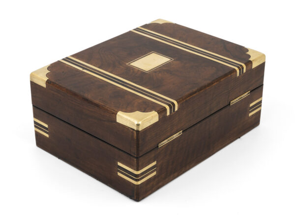 walnut jewellery box on white background rear angle view