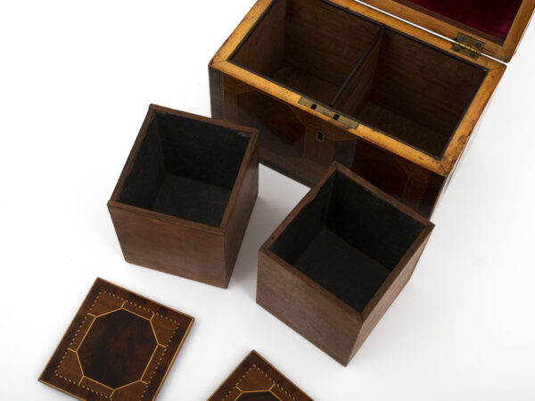 antique tea chest open caddies out close up