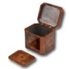 Overview of the Georgian Burr Yew Tea Caddy with the lid up and caddy lid removed