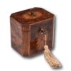 Overview of the Georgian Burr Yew Tea Caddy with the key inserted