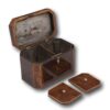 Overview of the Georgian Burr Yew Tea Caddy with the lid open and the caddy lids removed