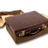 Front overview of the Art Deco Crocodile Luggage Case in its dust jacket open to reveal the luggage case