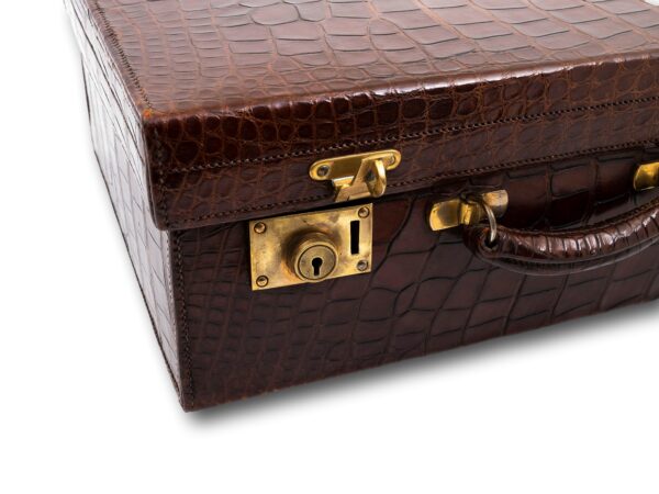 Close up of the latch and lock on the Art Deco Crocodile Luggage Case