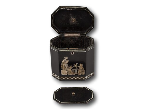 Overview of the Georgian Henry Clay Tea Caddy with the lid up and floating lid out