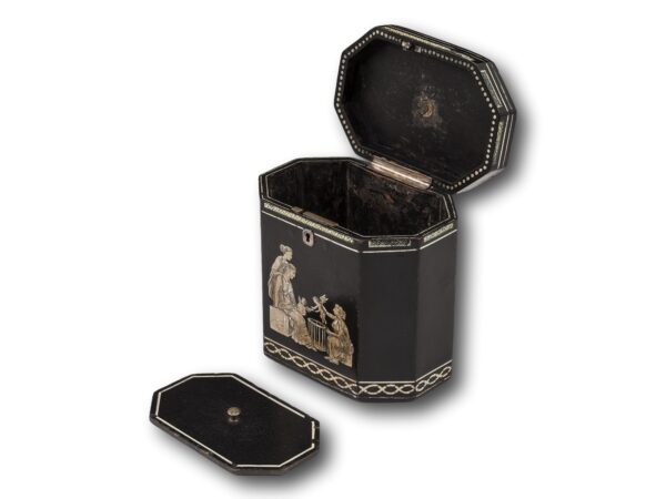 Overview of the Georgian Henry Clay Tea Caddy with the lid up and floating lid out