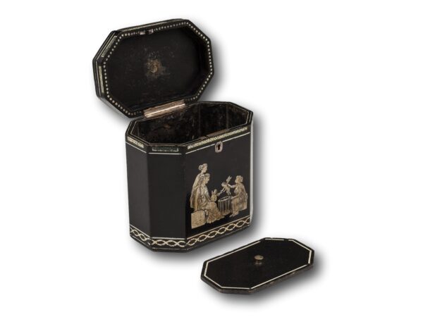 Overview of the Georgian Henry Clay Tea Caddy with the lid up and floating lid out