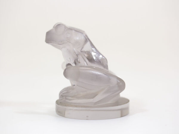 Side profile of the Rene Lalique Frog Mascot removed from base