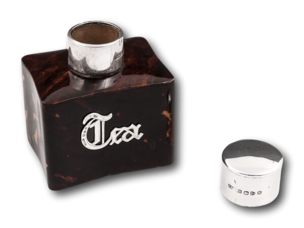 Front overview of the Tortoiseshell and Silver Tea Caddy with the lid removed