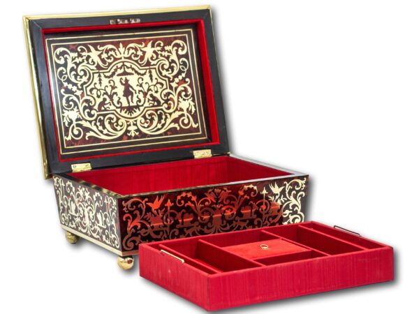 View of the French Boulle Jewellery box with the lid open and tray removed