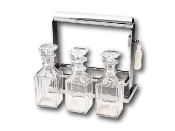 Front Overview of the Jacques Adnet Art Deco Tantalus with the key inserted and all the bottles removed