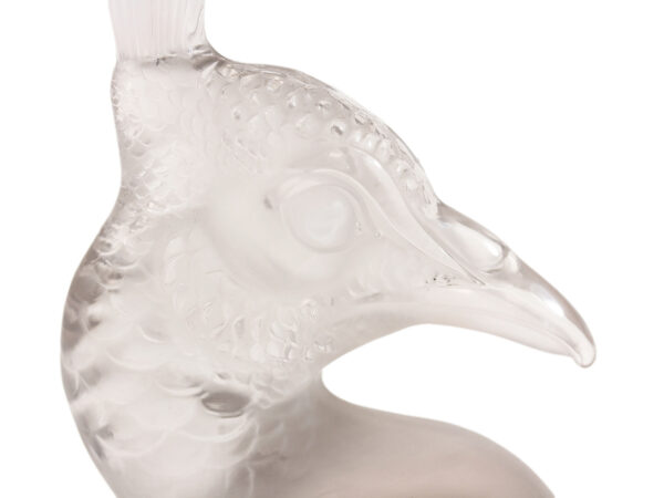 Close up of the Rene Lalique Tete De Paon Car Mascot