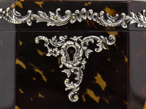 Close up of the Silver scroll work escutcheon