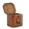 View of the Georgian painted tea caddy with the lid up and the key inserted