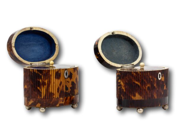 Side of the tortoiseshell tea caddy pair with the lids up