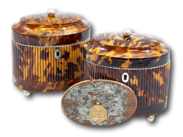 Font of the tortoiseshell tea caddy pair with the internal retailers sticker showing
